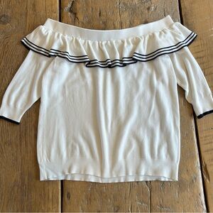 RW&CO. Off Shoulder Ruffle Knit Cream and Navy Preppy Sweater